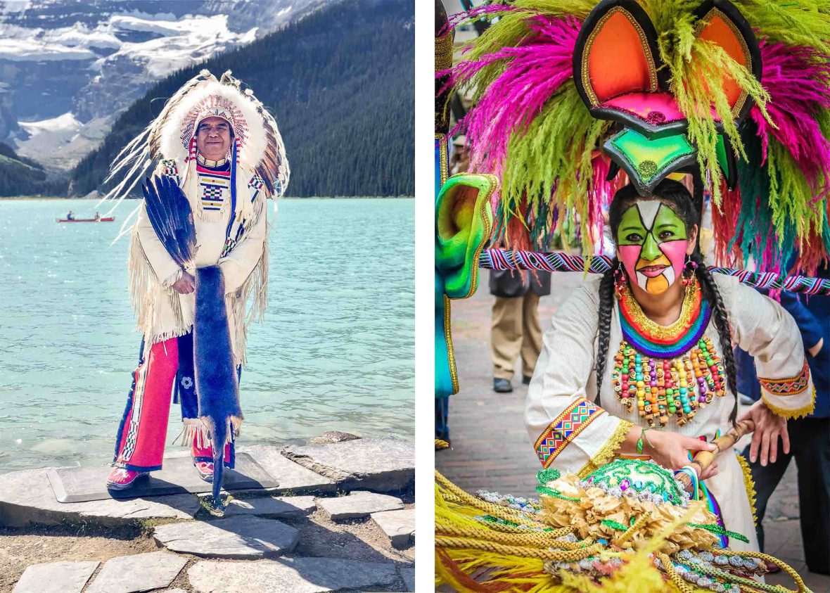 Left: A man in a traditional feathered head dress stands in front of a lake. Right: A woman in colourful face paint and jewellery pushes a trolley.