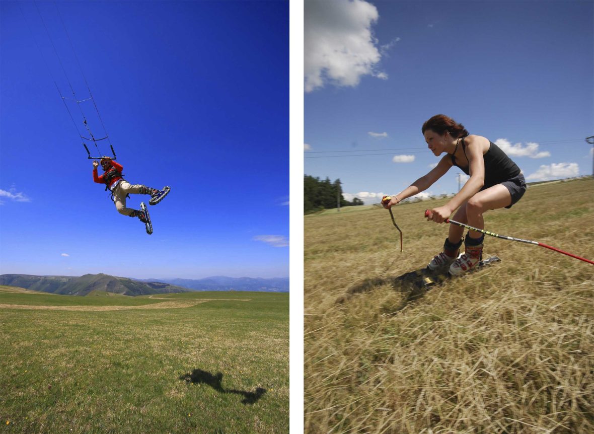 Left: A man holds a support and does a jump while in grass skis. Right: A woman grass skis down a hill.