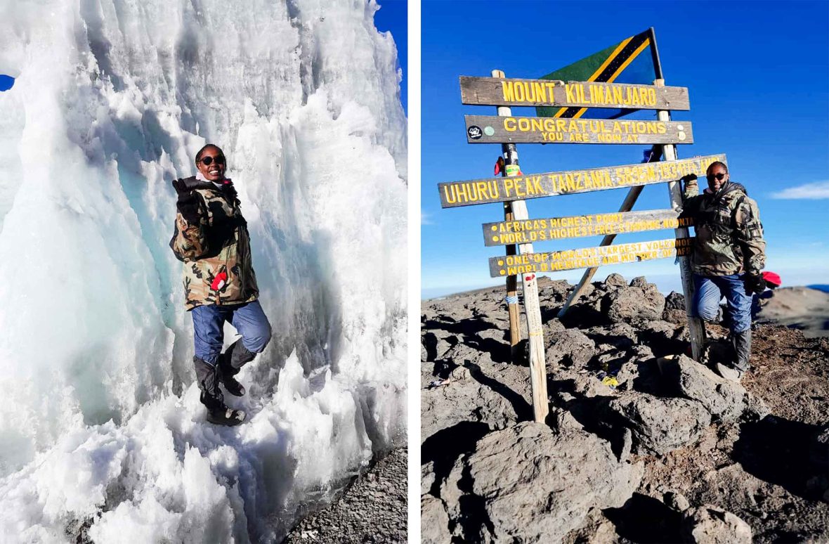 Left: A woman stands in front of some ice. Right: A woman looks victorious at the sign on the summit of Mount Kilimanjaro.