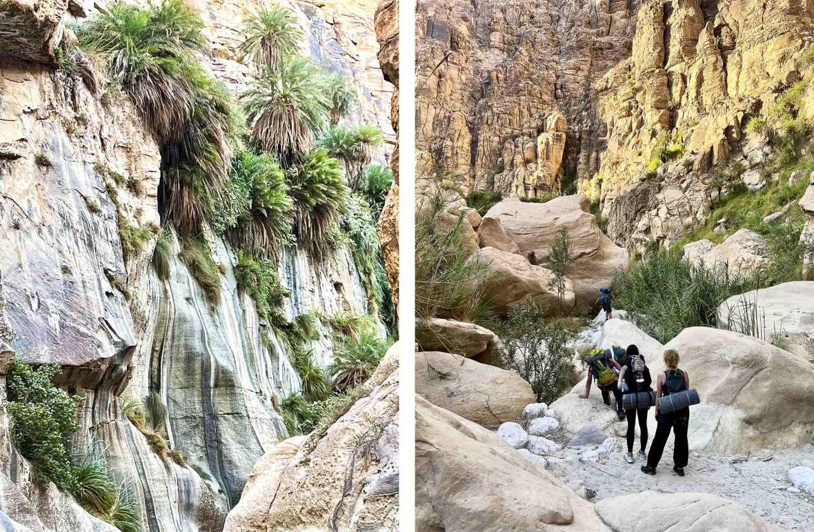 Left: Hanging plants and other greenery covers the steep walls of the canyon. Right: The group rock-hopping on their trek.