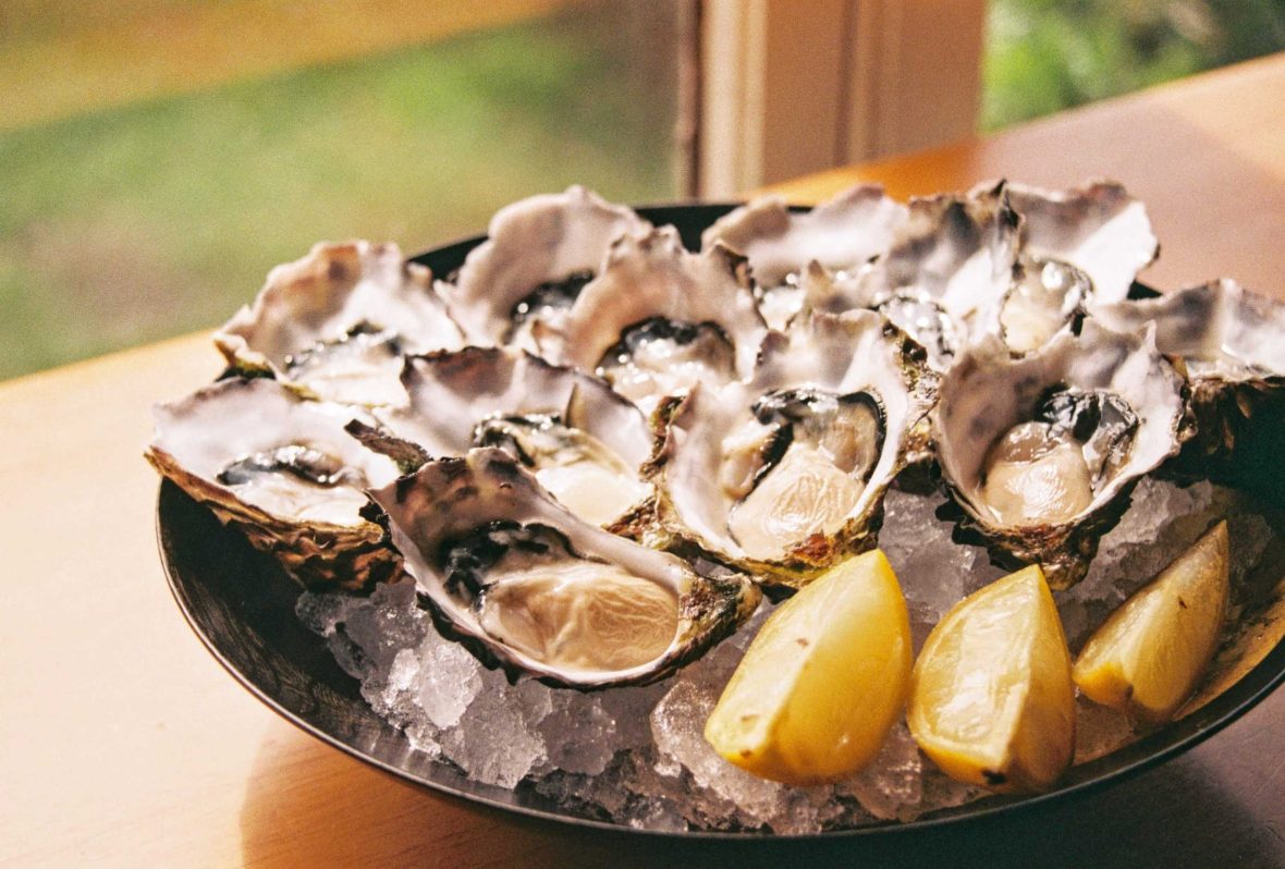 A plate of oysters with lemon.