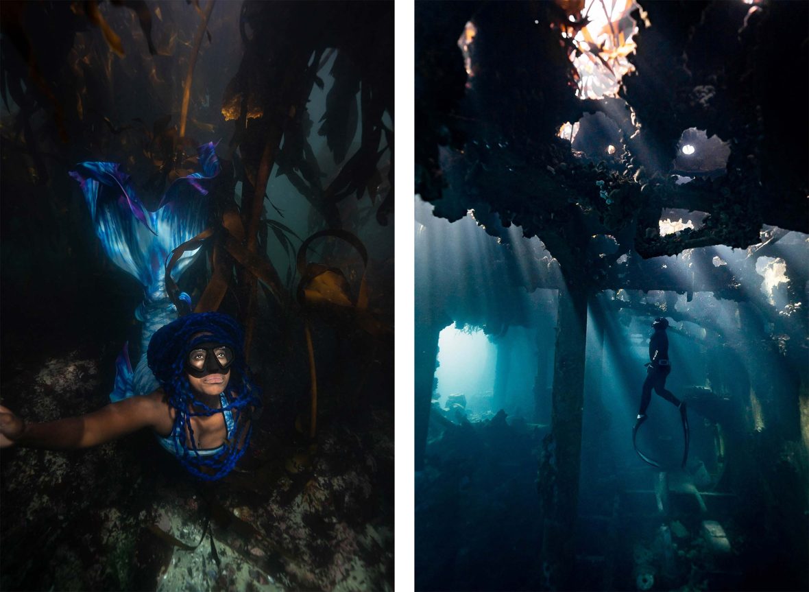 Left: A diver in the darkness of the deep sea; Right: A diver and underwater filmmaker captures the scene.