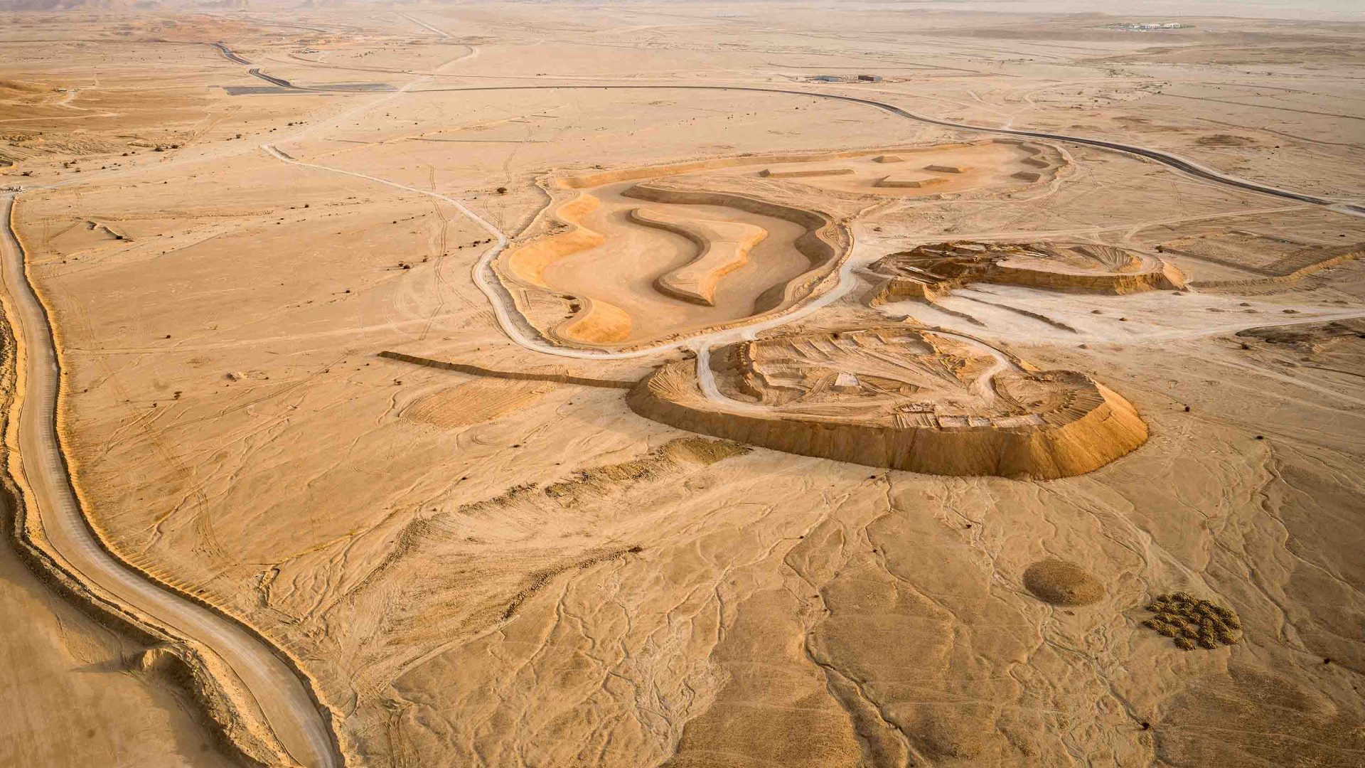 An aerial view over the desert.