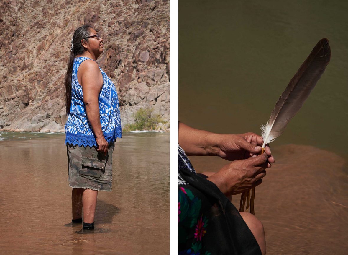 Left: A woman stands ankle deep in brown river water; Right: A close up of fingers holding a feather.