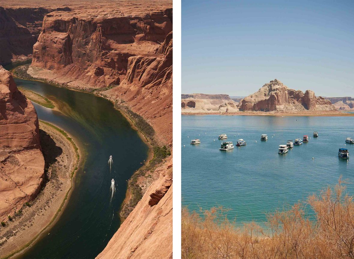 Left: Boats on a windy green river flanked by steep walls; Right: Boats on blue water.